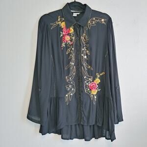 Studio X Women's Black Sheer Floral Embroidered Blouse Sz M